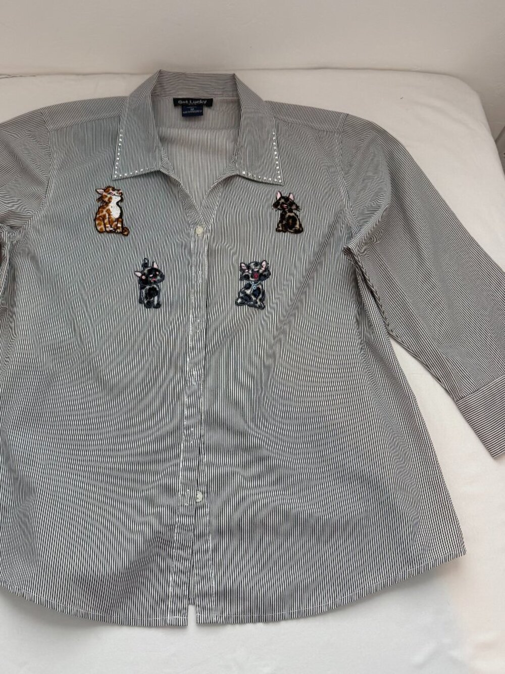 Get Lucky Embroidered Cat Button Up Shirt Pinstripe Kitty Novelty Blouse XL